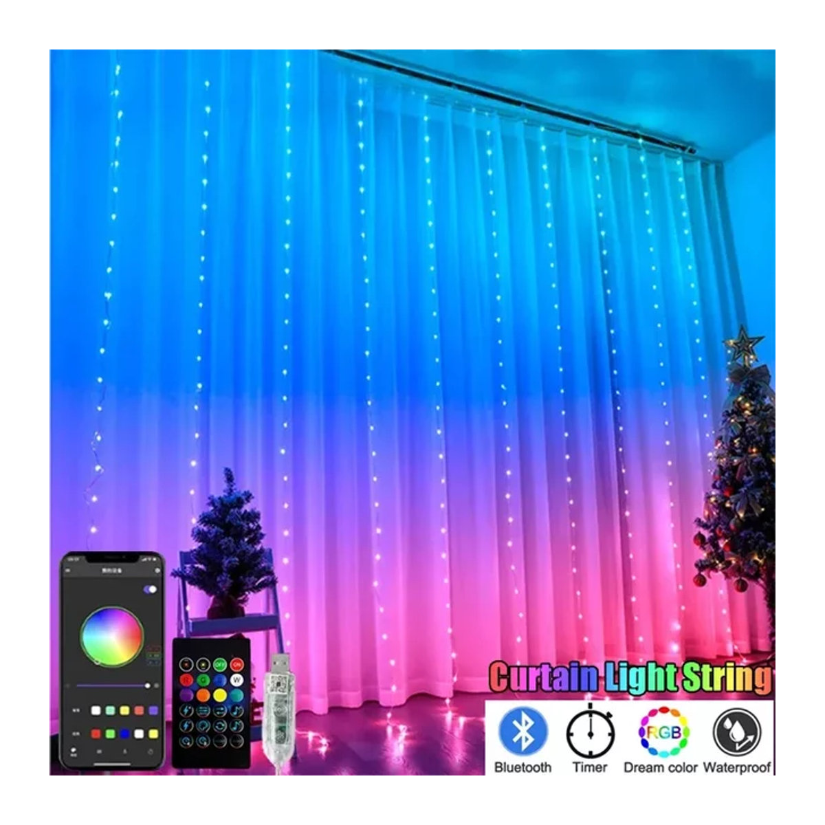 VENUSWING RGBIC LED Vorhang Lichterkette mit App und Bluetooth Steuerung, USB Stecker und Fernbedienung, Bunt - Bild 1