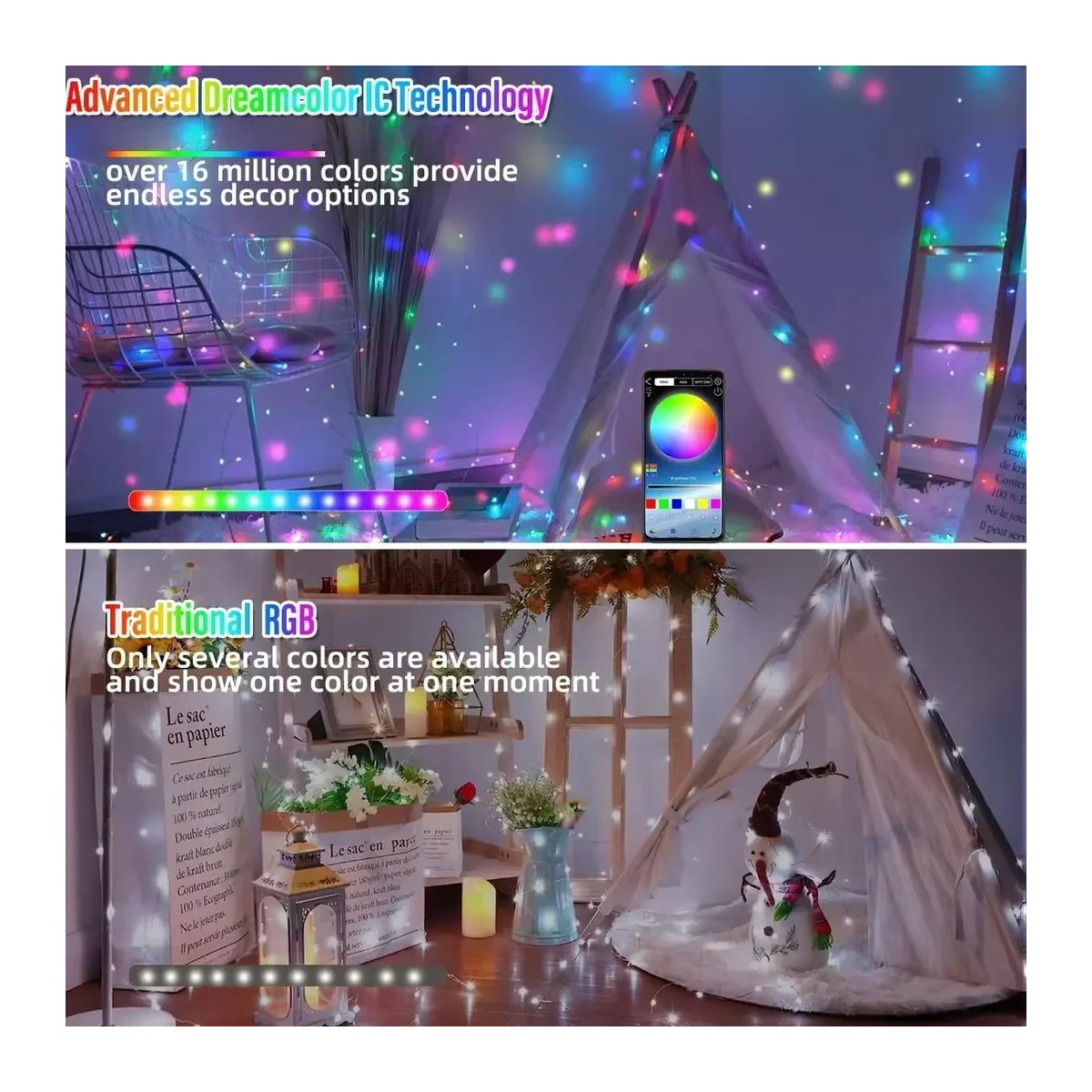 VENUSWING RGBIC LED Vorhang Lichterkette mit App und Bluetooth Steuerung, USB Stecker und Fernbedienung, Bunt - Bild 2