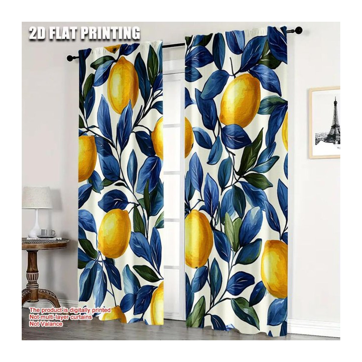 Verdunkelungsvorhang Zitronenblatt Design aus Polyester mit Thermoisolierung, Set aus 2 Stück, Multicolor, Breite: 100 cm, Höhe: 70 cm - Bild 1