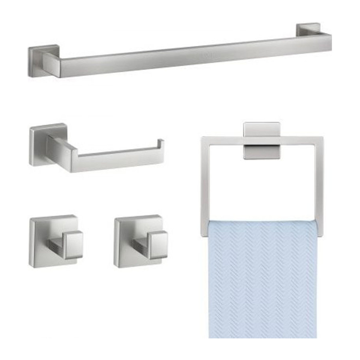 VEVOR Badezimmer Hardware Zubehör Set aus Edelstahl 304 in Silber, 5-teilig mit Handtuchstange, Handtuchhalter, 2 Haken und Toilettenpapierhalter zur Wandmontage - Bild 1