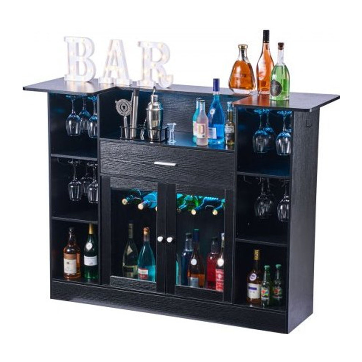 VEVOR Hausbar Modern in Schwarz mit 4 Ebenen, Bartresen aus Holzwerkstoff und Metall, LED-Beleuchtung, Flaschenablage und Weinglashalter, B/T/H: 150 x 46 x 110 cm - Bild 1