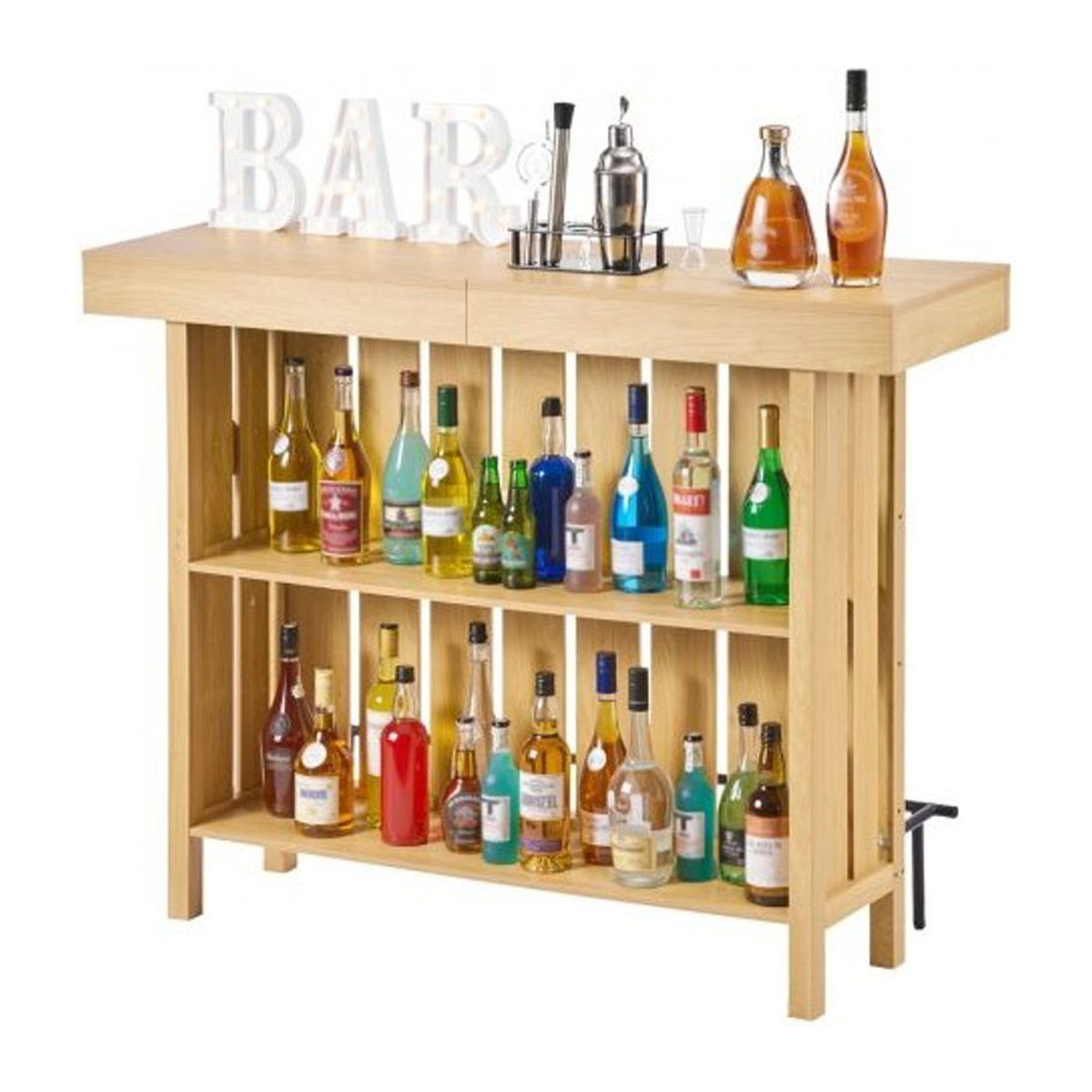 VEVOR Hausbar Modern Skandinavisch aus Holzwerkstoff und Metall in Natur, Bartresen mit 3 Ebenen, Fußstütze und Flaschenöffner-Halter, B/T/H: 140 x 39,8 x 105,5 cm - Bild 1