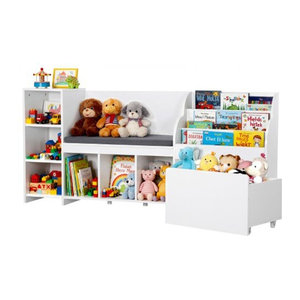 VEVOR Kinderregal mit Sitzbank, Rückenlehne und Spielzeugkiste in Weiß, B/T/H: 170 x 40 x 80 cm