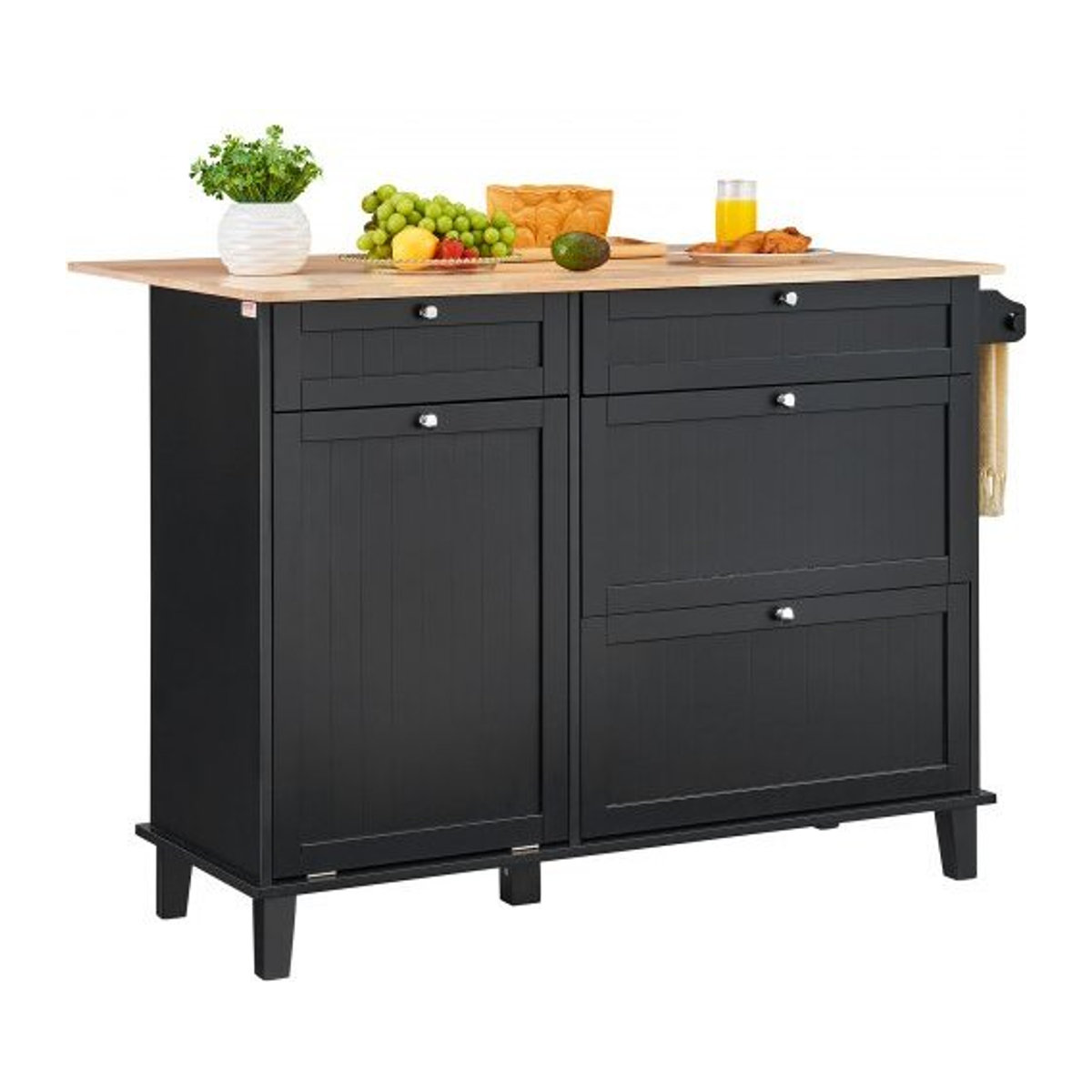 VEVOR Kücheninselwagen in Schwarz und Natur mit Holzplatte, Frühstücksbar im Landhausstil mit ausklappbarer Klappplatte, Müllschrank, Schublade und Handtuchhalter, Breite: 128 cm - Bild 1