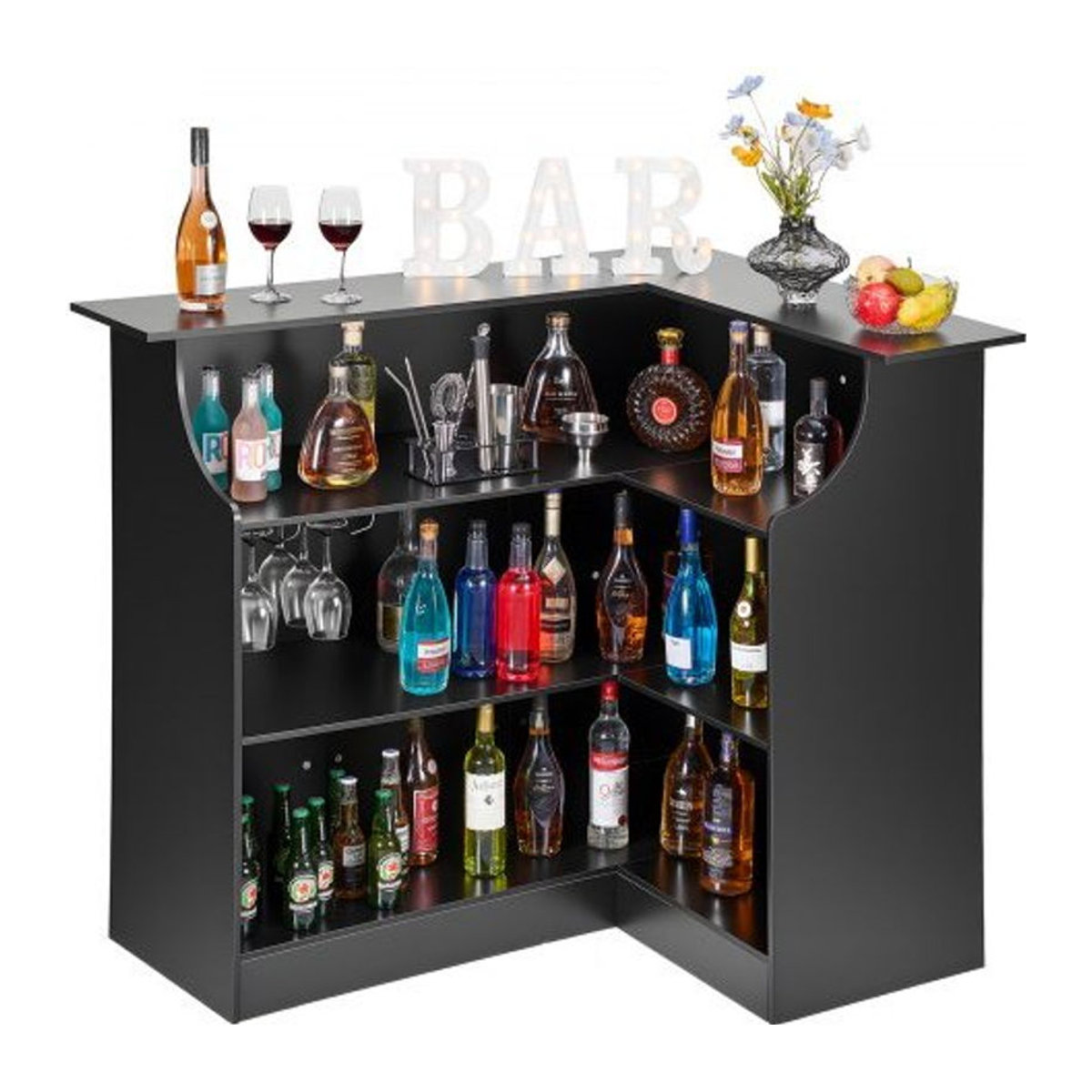 VEVOR L-förmige Hausbar aus Holzwerkstoff mit 4 Ebenen und Weinglashalter, Schwarz, B/T/H: 130 x 52,8 x 112 cm - Bild 1