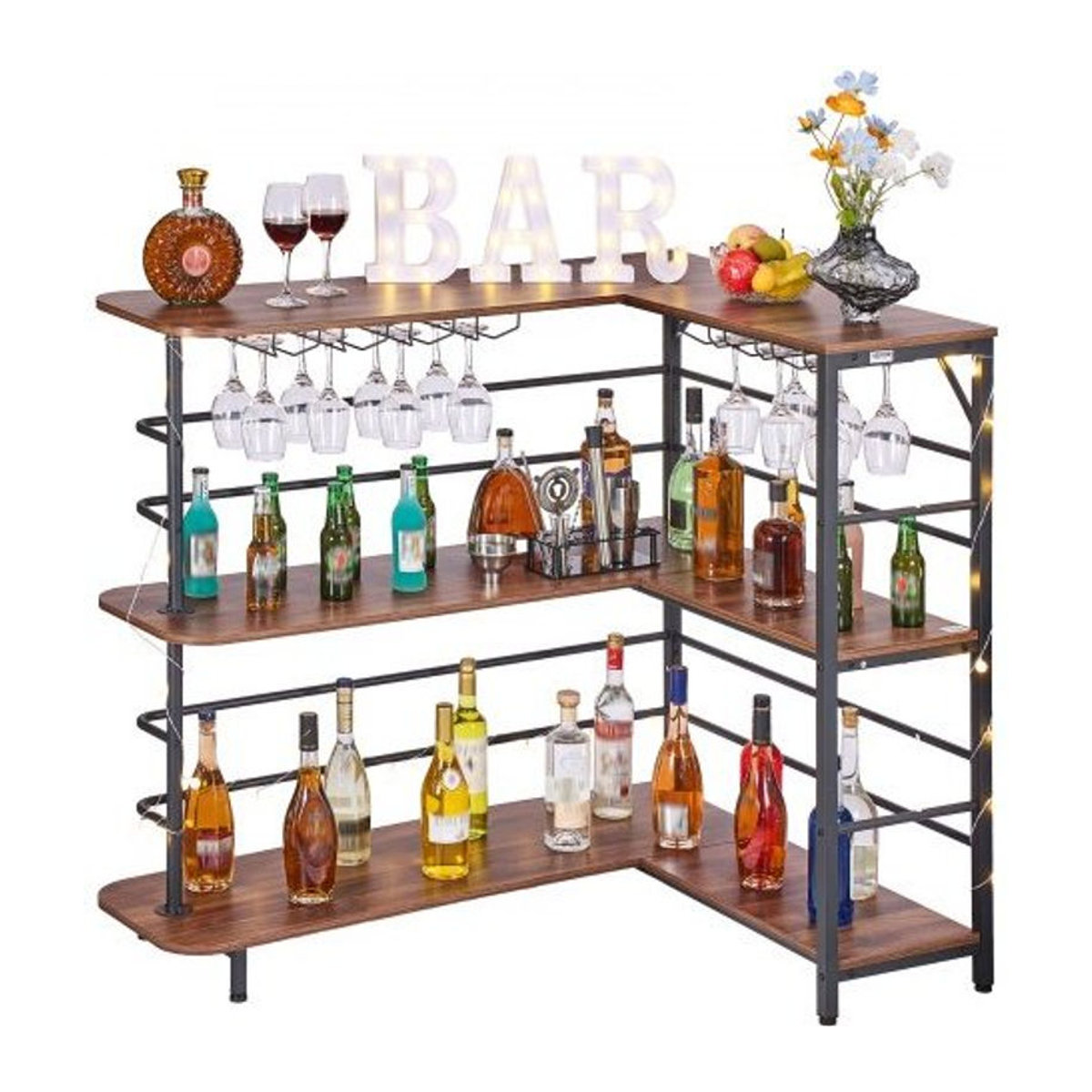 VEVOR L-förmige Hausbar aus Holzwerkstoff und Metall in Nussbaum mit 3 Ebenen, Weinglashalter und Stauraum, Industrial Design, B/T/H: 120 x 90 x 109,5 cm - Bild 1