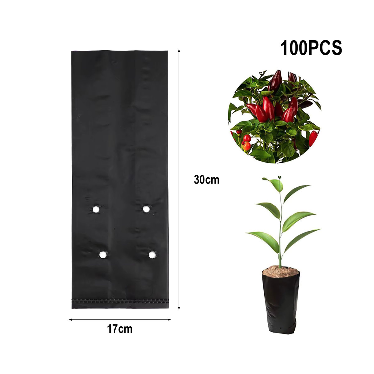 VIBRATITE Pflanzbeutel aus schwarzem PE-Material für Gemüse und Blumen, 100 Stück - Bild 2