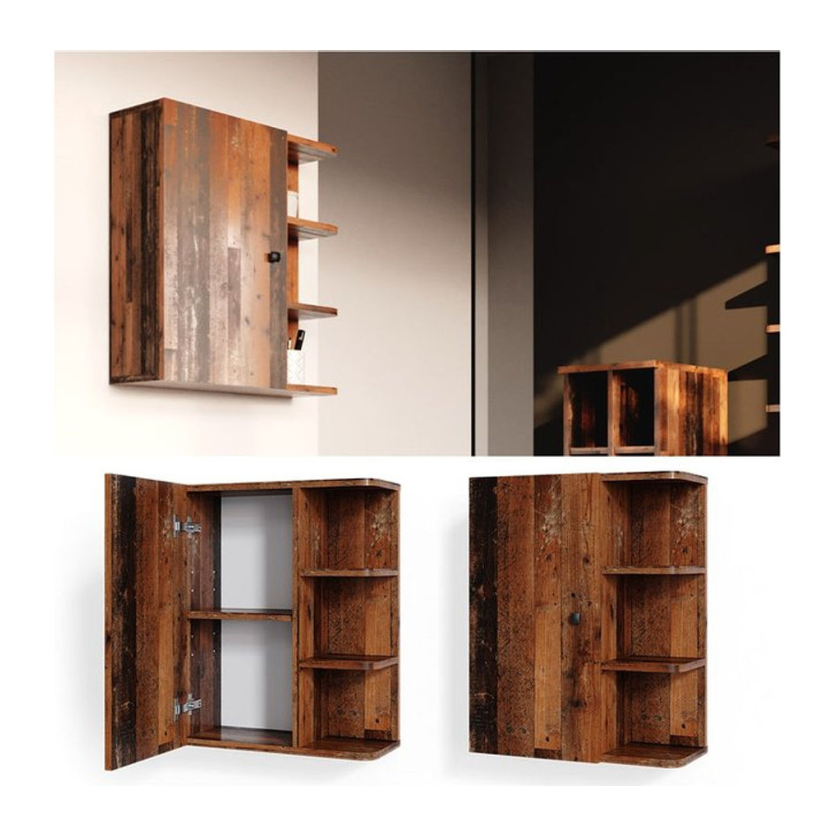 Vicco Badschrank Fynn Hängeschrank in Eiche rustikal Braun im Landhausstil mit Ablagen und Drehtüren, B: 59.2 cm, H: 47.2 cm, T: 20.8 cm - Bild 2