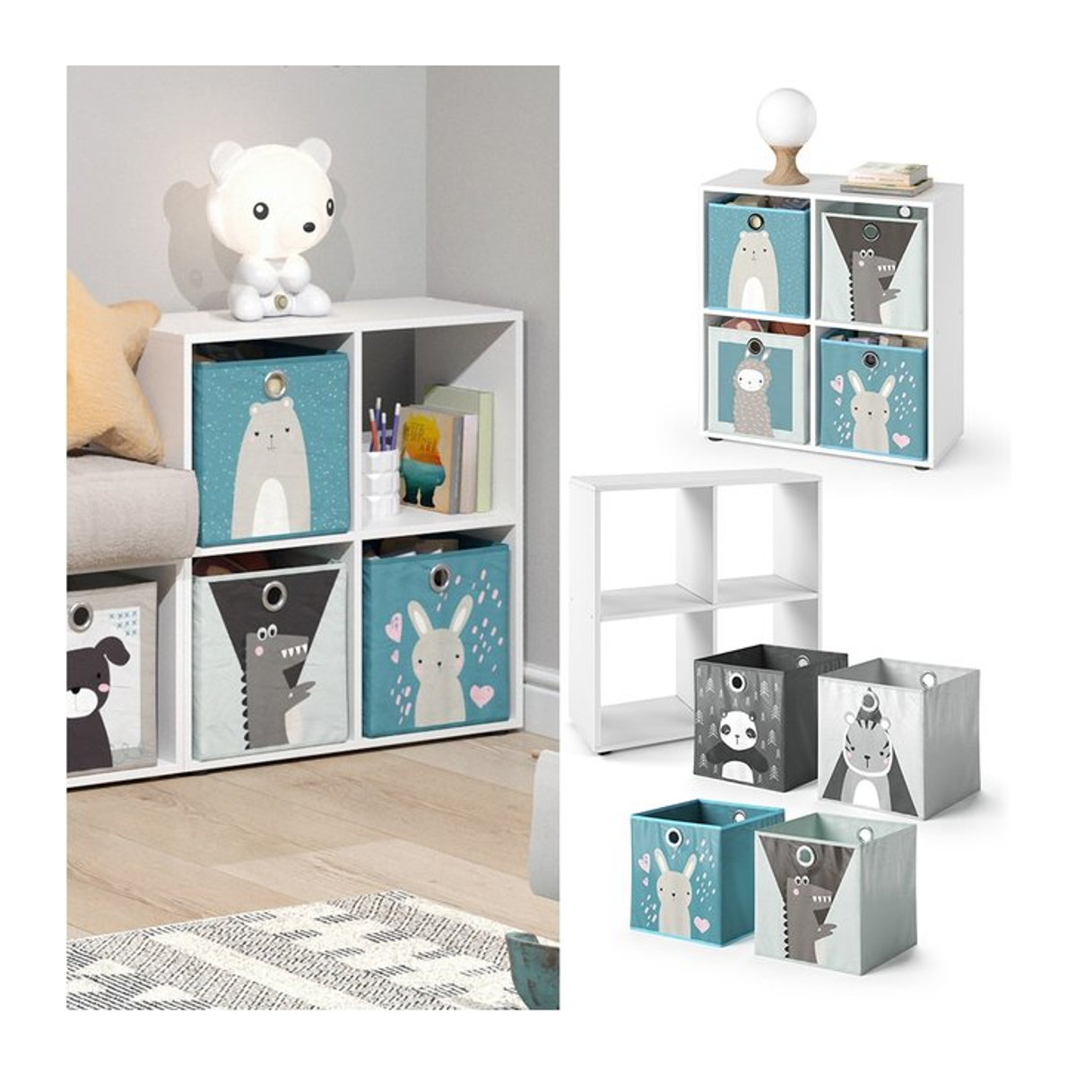 Vicco Kinderregal Tetra in Weiß, Grau und Blau aus Holzwerkstoff mit 4 Faltboxen, B: 72 cm, H: 72,6 cm, T: 29 cm - Bild 1