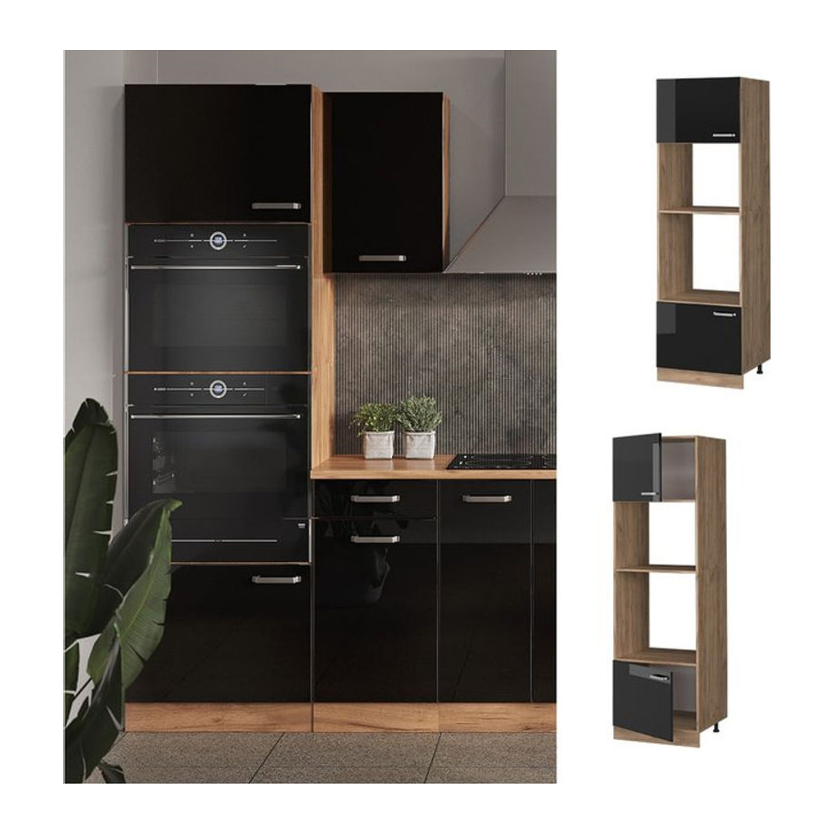 Vicco Mikrowellenschrank R-Line Küchenschrank mit Drehtüren in Schwarz und Eiche Natur, Breite: 60 cm, modern - Bild 1