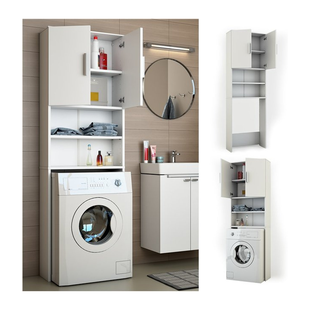 VICCO Waschmaschinenschrank Badezimmerschrank in Weiß mit Drehtüren, Höhe: 190 cm, Breite: 64 cm - Bild 1