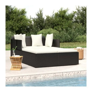 Vidaxl Gartenliege aus Polyrattan mit Kissen in Schwarz, B/T/H: 182 x 118 x 63 cm