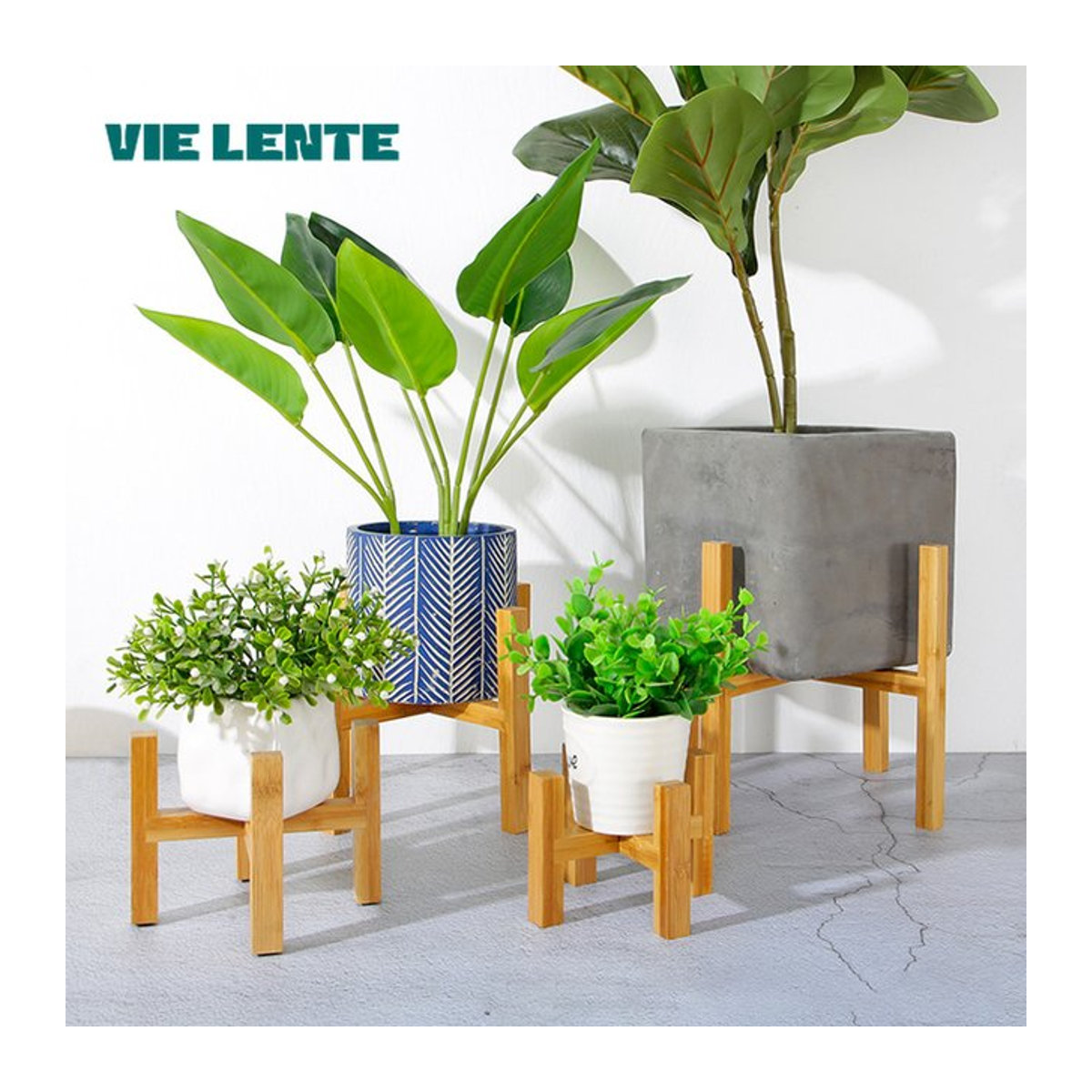 VIE LENTE Blumentopf Ständer aus Holz in Braun, Skandinavisches Pflanzenregal für Bonsai und Zimmerpflanzen, Rechteckiges Holztablett-Rack, Freistehend - Bild 1
