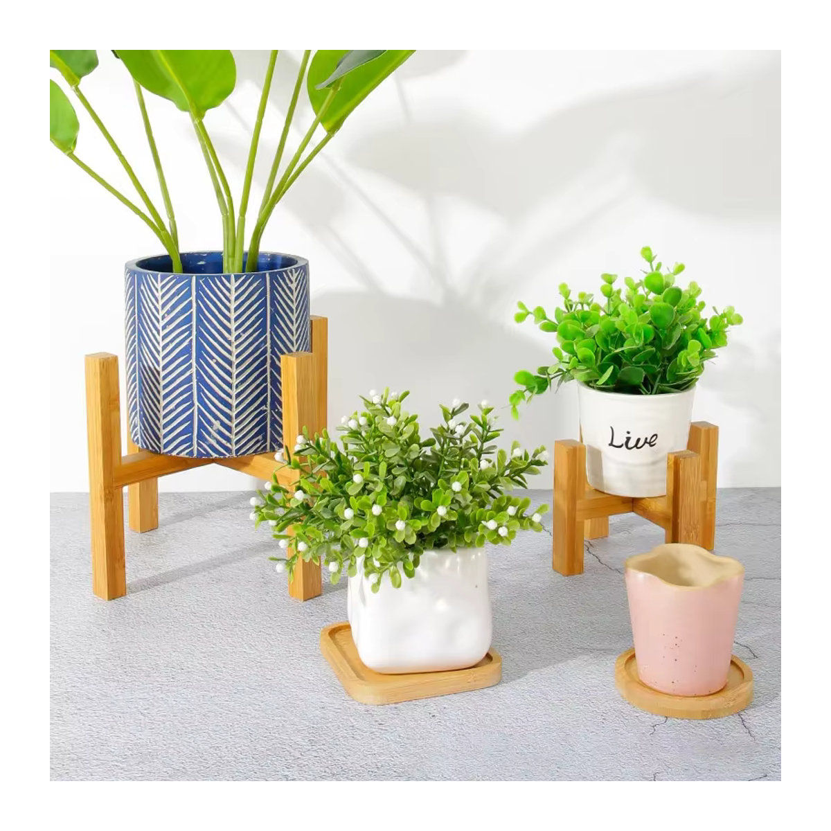 VIE LENTE Blumentopf Ständer aus Holz in Braun, Skandinavisches Pflanzenregal für Bonsai und Zimmerpflanzen, Rechteckiges Holztablett-Rack, Freistehend - Bild 2