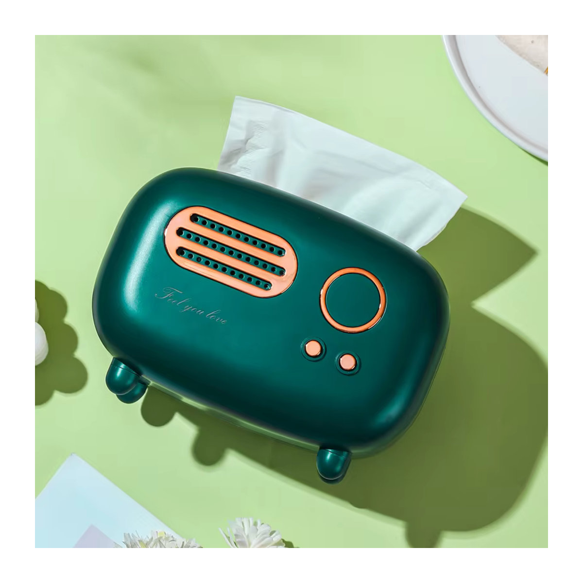 VIE LENTE Retro Radio Taschentuchspender Vintage Design in Grün aus Kunststoff - Bild 3