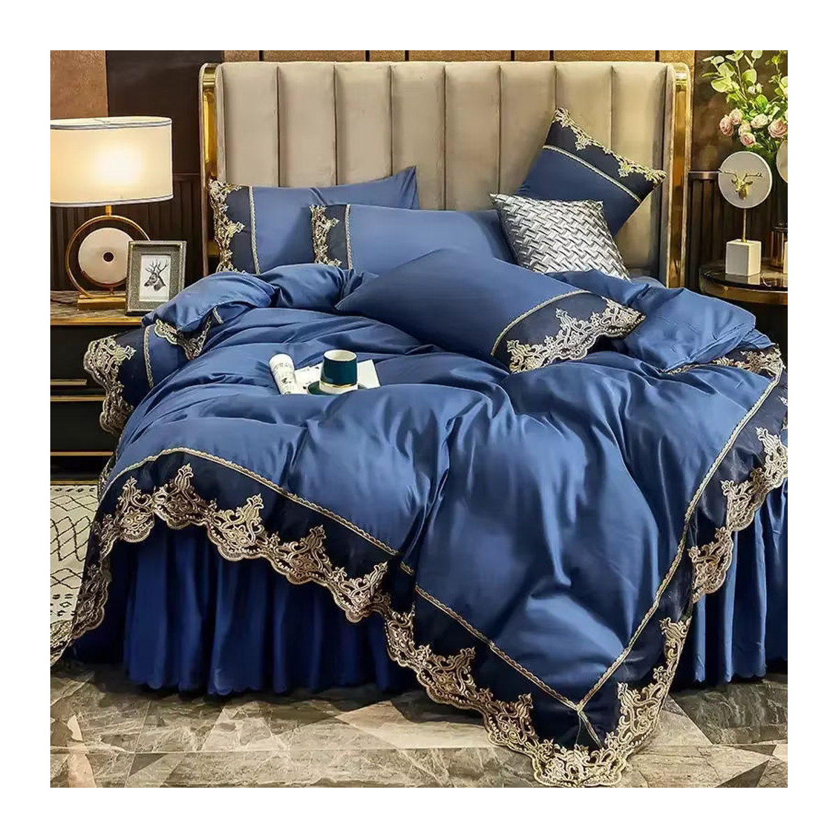 Vierteiliges Bettrock-Set mit Spitzenkante in Matt-Optik im europäischen Stil, 1,5 m x 1,8 m - Bild 2