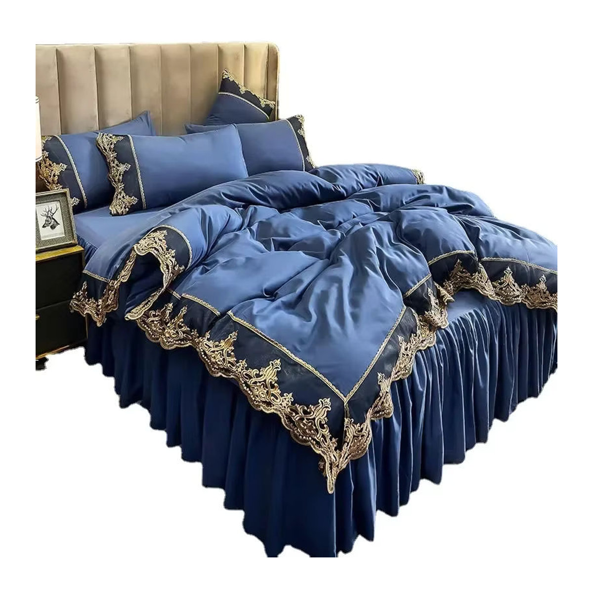 Vierteiliges Bettrock-Set mit Spitzenkante in Matt-Optik im europäischen Stil, 1,5 m x 1,8 m - Bild 4