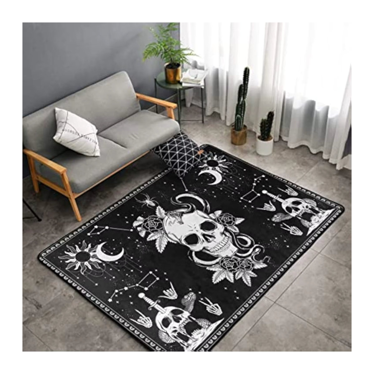 VIKAMA Akzentteppich mit Totenkopf, Schlangenmotte und Mandala-Muster in Schwarz-Weiß für Innen und Außen - Bild 2
