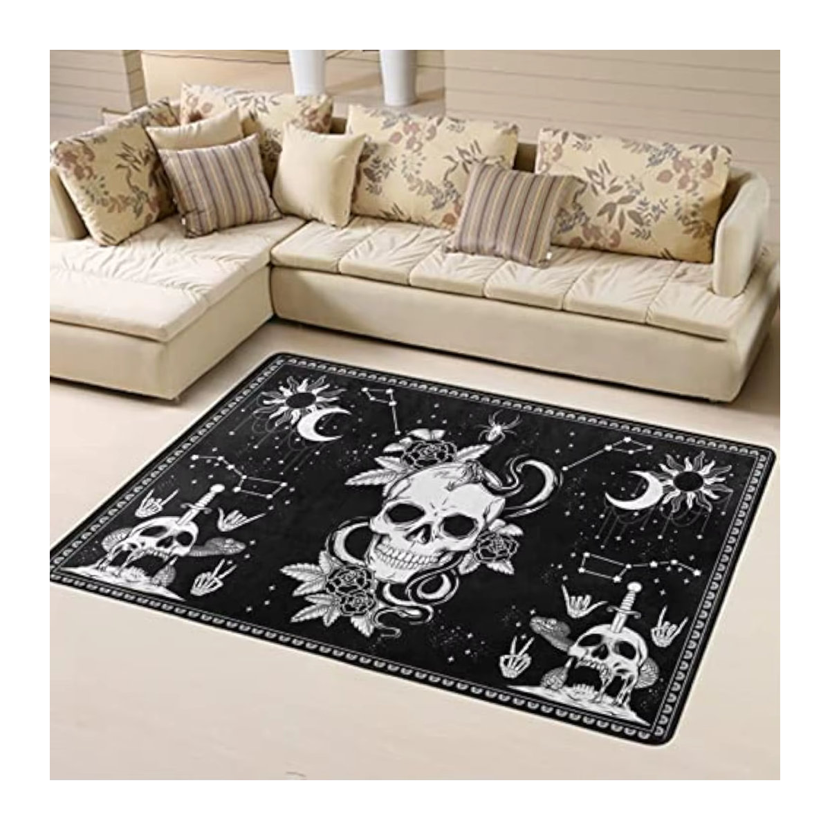 VIKAMA Akzentteppich mit Totenkopf, Schlangenmotte und Mandala-Muster in Schwarz-Weiß für Innen und Außen - Bild 3