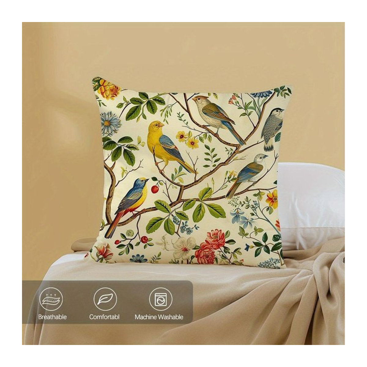 Vikama Dekorative Kissenhülle im chinesischen Stil mit Blumen- und Vogelprint, Peach Skin, B/H: 18 x 18 cm - Bild 1