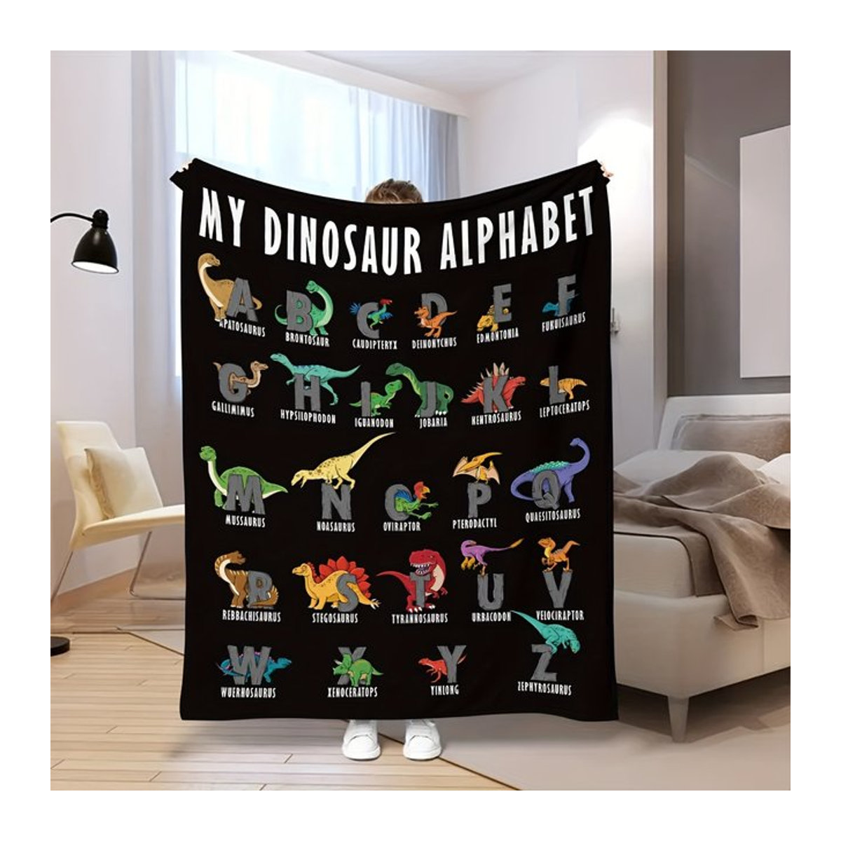 VIKAMA Dinosaurier-Alphabet Decke für Kinder mit 26 Dinosaurierarten zur Lernförderung, Multicolor - Bild 1