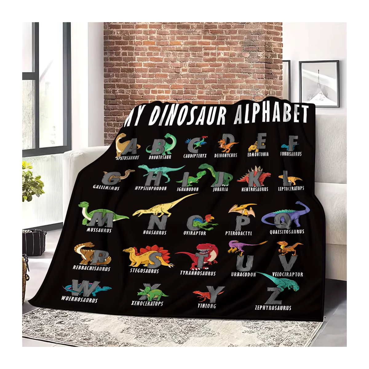 VIKAMA Dinosaurier-Alphabet Decke für Kinder mit 26 Dinosaurierarten zur Lernförderung, Multicolor - Bild 2