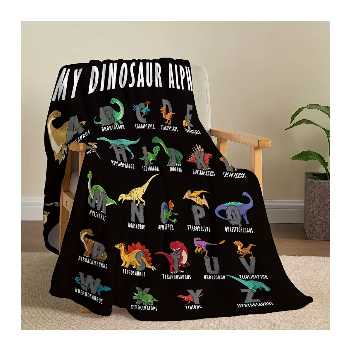 VIKAMA Dinosaurier-Alphabet Decke für Kinder mit 26 Dinosaurierarten zur Lernförderung, Multicolor - Bild 3