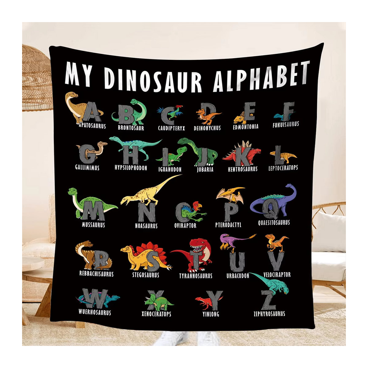 VIKAMA Dinosaurier-Alphabet Decke für Kinder mit 26 Dinosaurierarten zur Lernförderung, Multicolor - Bild 4