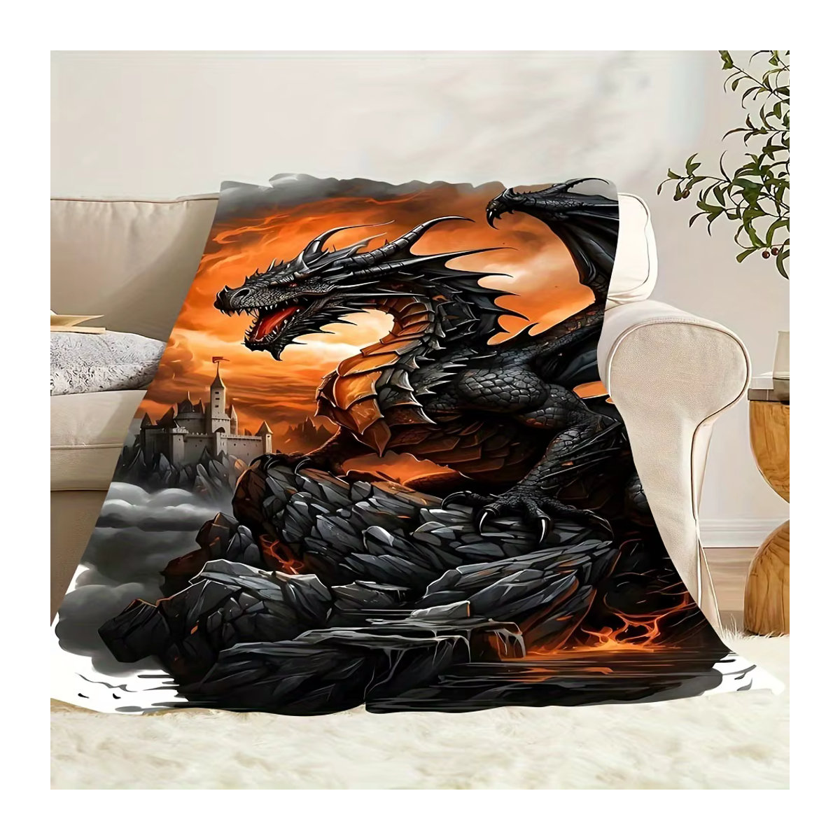 VIKAMA Flanell Decke Dark Dragon Flame Castle im Fantasy-Stil für Schlafzimmer und Spielzimmer - Bild 2