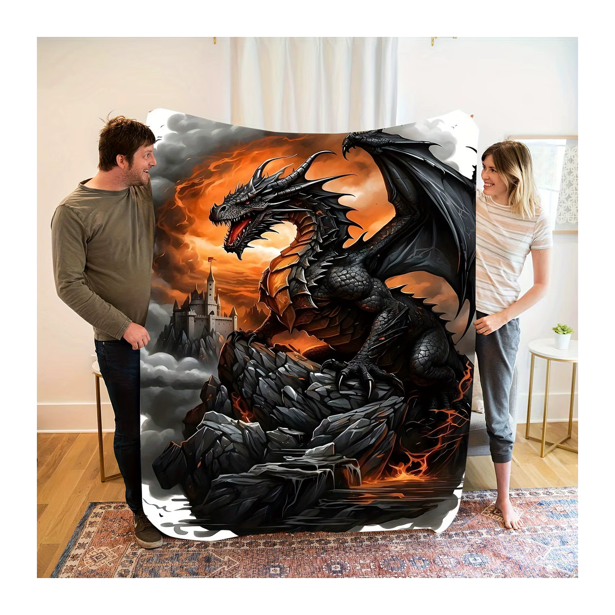 VIKAMA Flanell Decke Dark Dragon Flame Castle im Fantasy-Stil für Schlafzimmer und Spielzimmer - Bild 3
