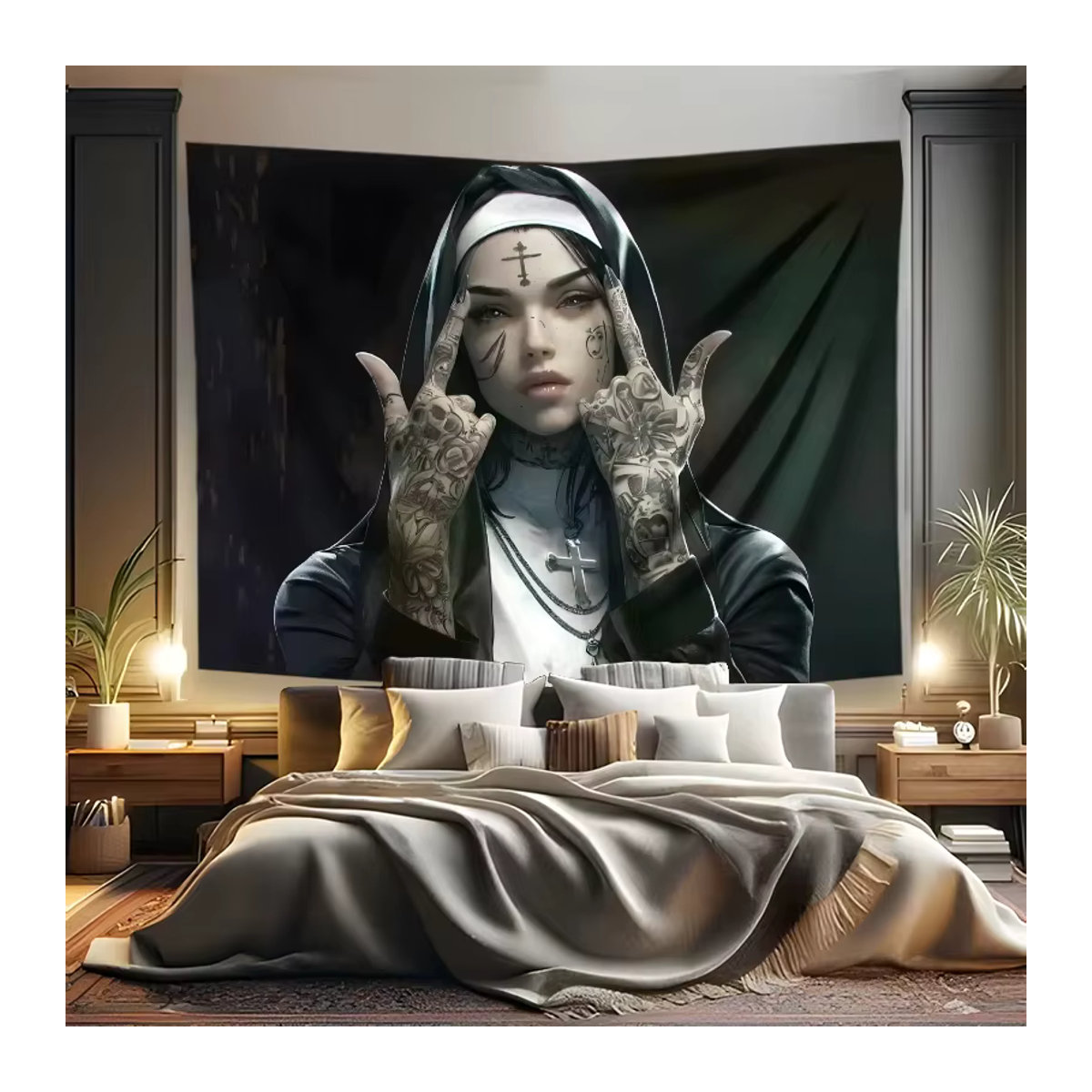 VIKAMA Gothic Wandteppich mit Tattoo-Nonnen-Motiv zur Wanddekoration für dein Wohnzimmer - Bild 2