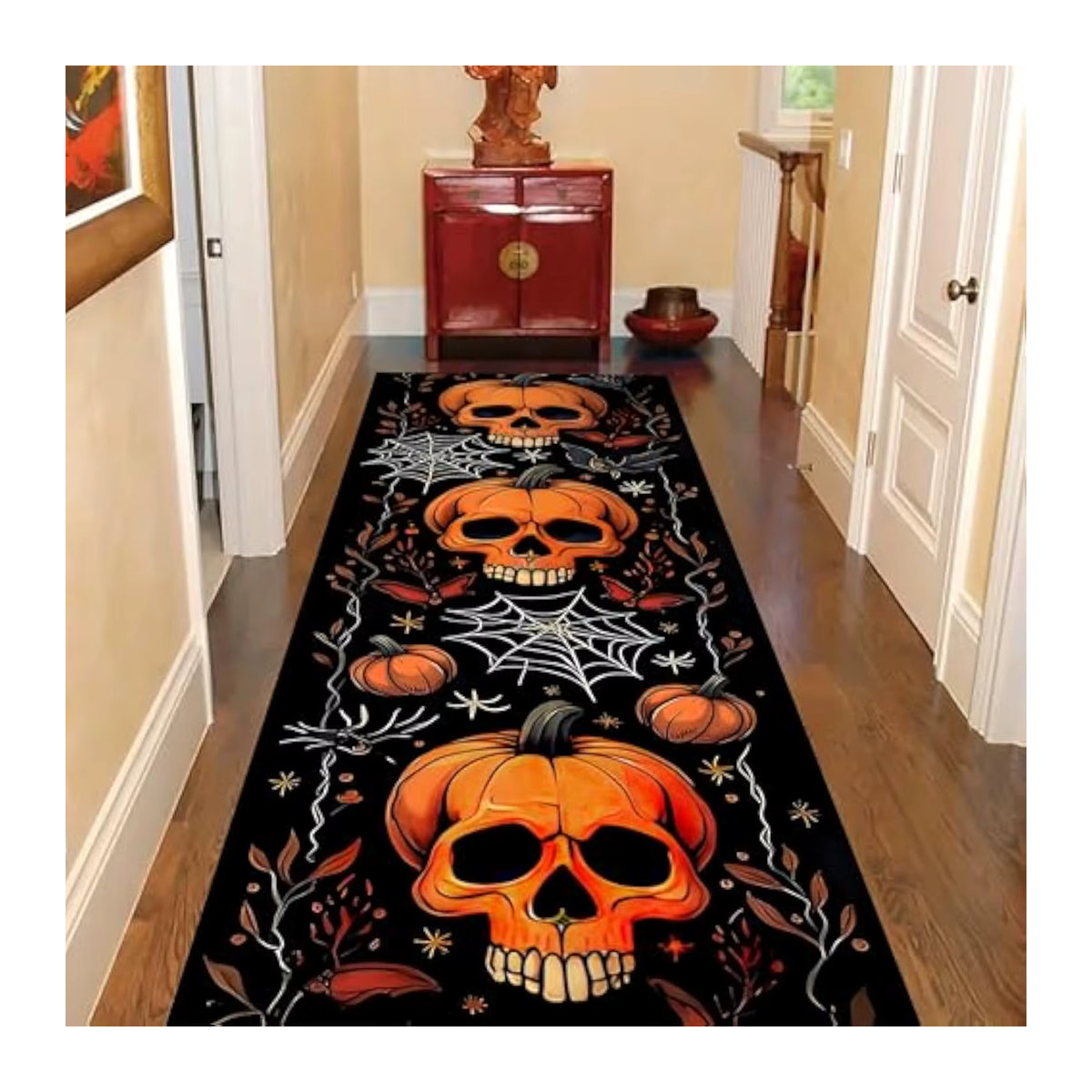 VIKAMA Halloween Läufer-Teppich mit abstraktem Kürbis-Schädel- und Spinnennetz-Design in Schwarz und Orange - Bild 2