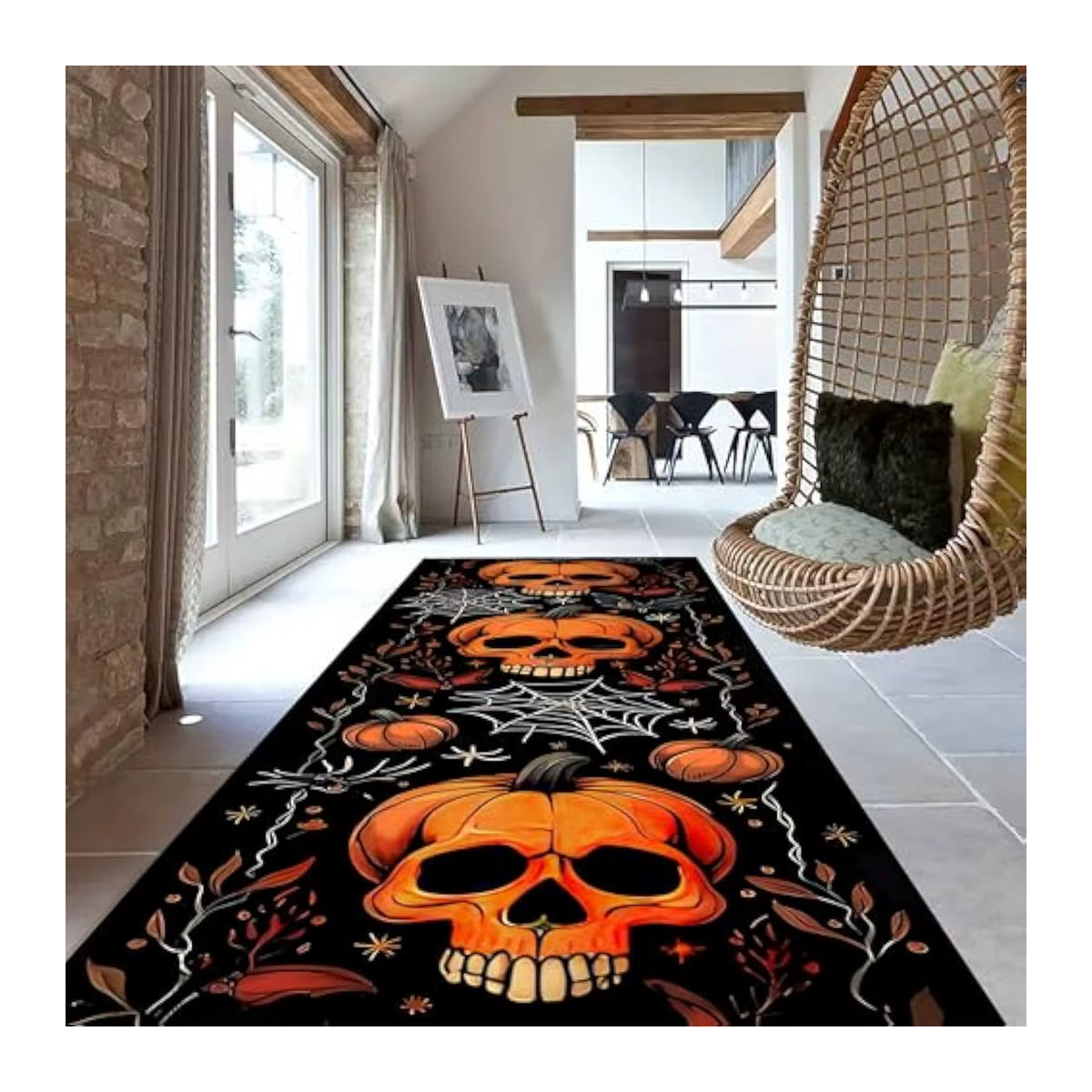 VIKAMA Halloween Läufer-Teppich mit abstraktem Kürbis-Schädel- und Spinnennetz-Design in Schwarz und Orange - Bild 3