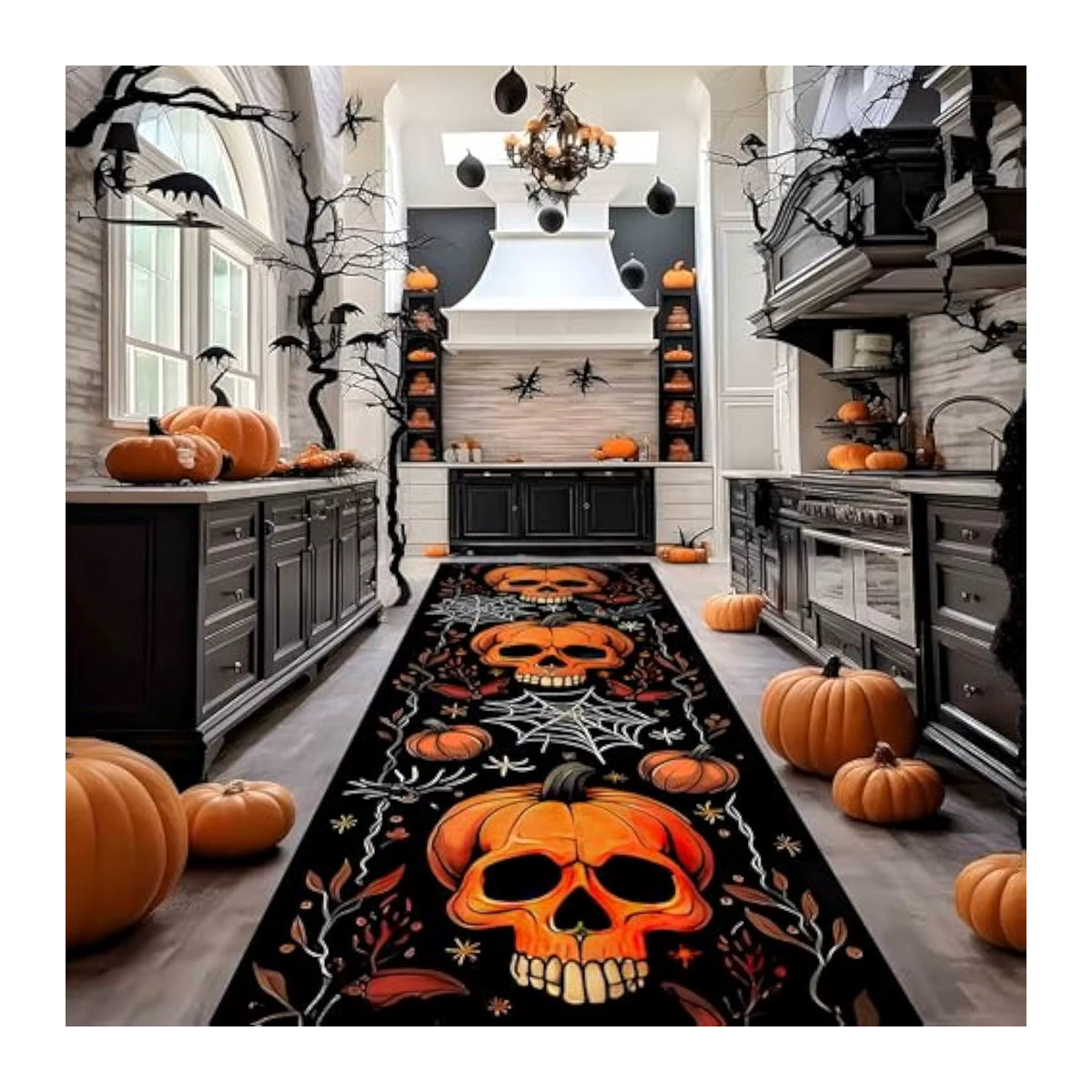 VIKAMA Halloween Läufer-Teppich mit abstraktem Kürbis-Schädel- und Spinnennetz-Design in Schwarz und Orange - Bild 4