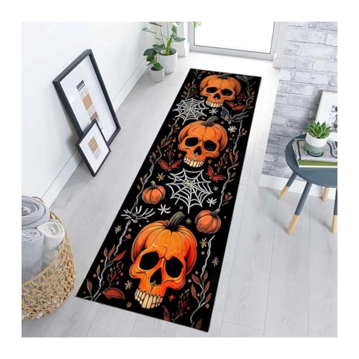 VIKAMA Halloween Läufer-Teppich mit abstraktem Kürbis-Schädel- und Spinnennetz-Design in Schwarz und Orange - Bild 5