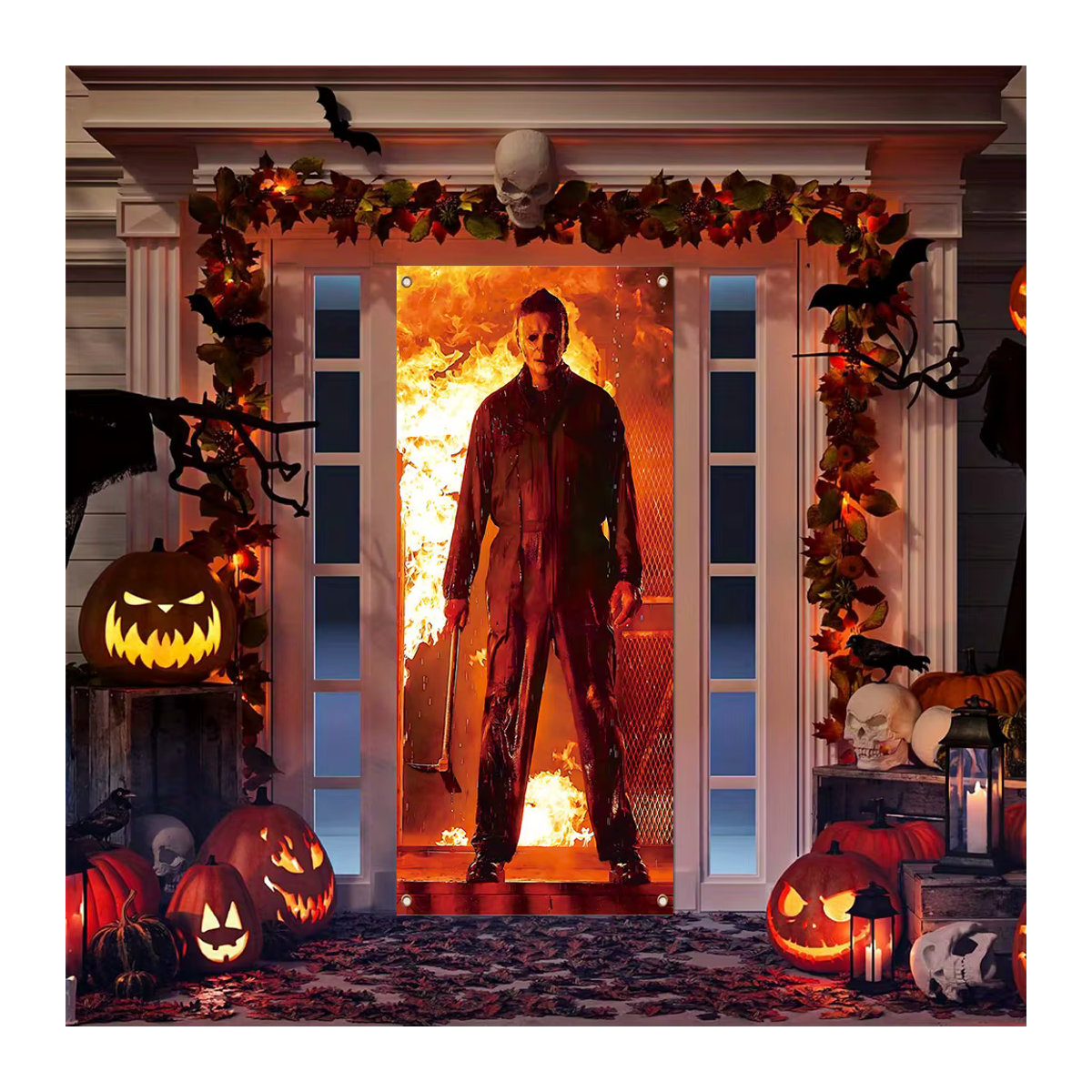 VIKAMA Halloween Türabdeckung dekorativer Horror-Wandteppich mit flammendem Hintergrund zur Türdekoration - Bild 2