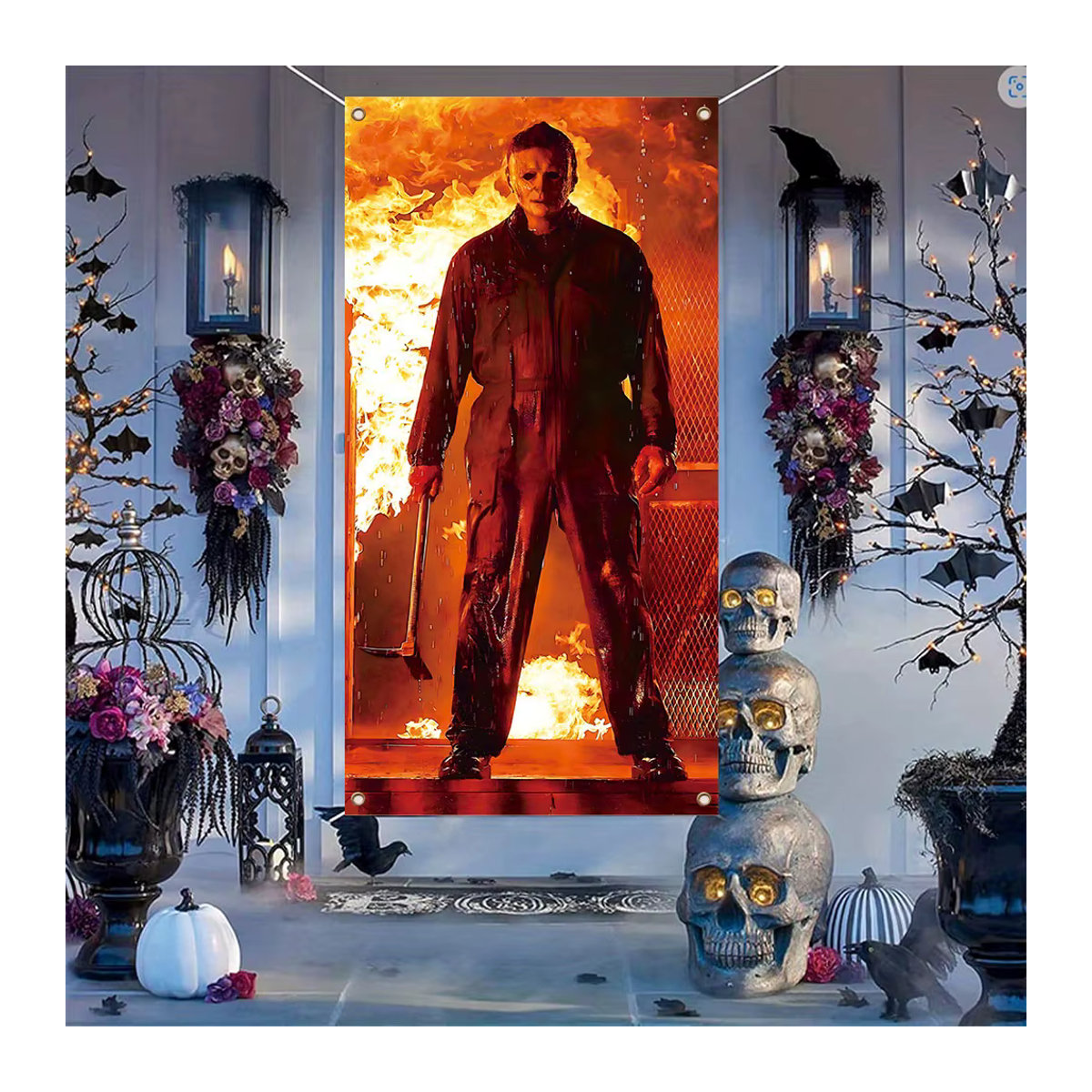 VIKAMA Halloween Türabdeckung dekorativer Horror-Wandteppich mit flammendem Hintergrund zur Türdekoration - Bild 3
