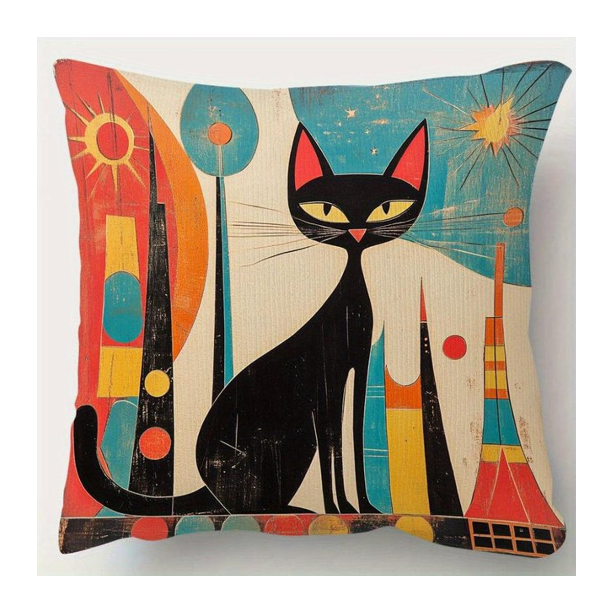 Vikama Kissenbezug mit mittelalterlichem Atom-Katze-Design im Retro-Stil, abstraktes Katzen-Ornament für Büro und Wohnung, Multicolor, B/H: 18 x 18 cm - Bild 1