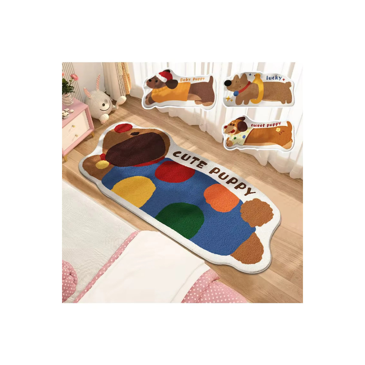 VIKAMA Retro Teppich in Dackelform mit Cartoon-Hund-Design, mehrfarbig, rutschfeste Bodenmatte für Wohnzimmer, Küche oder Eingangsbereich - Bild 4