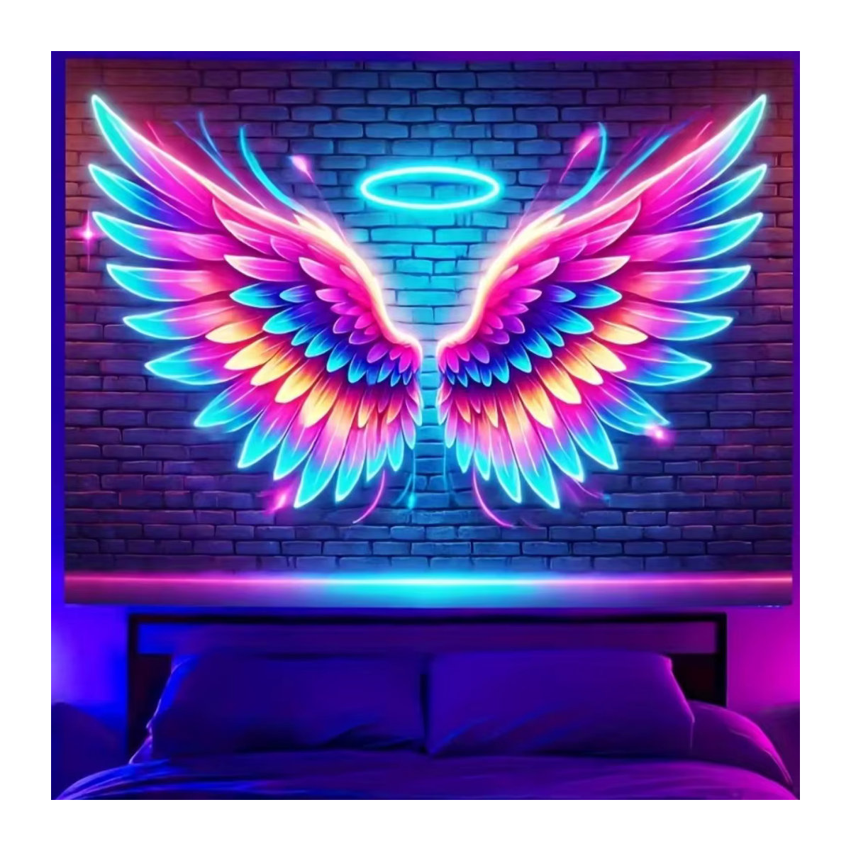 VIKAMA Wandteppich mit Engelsflügeln im Cyberpunk-Stil und Neon-Farbverlauf zur Wandmontage - Bild 1
