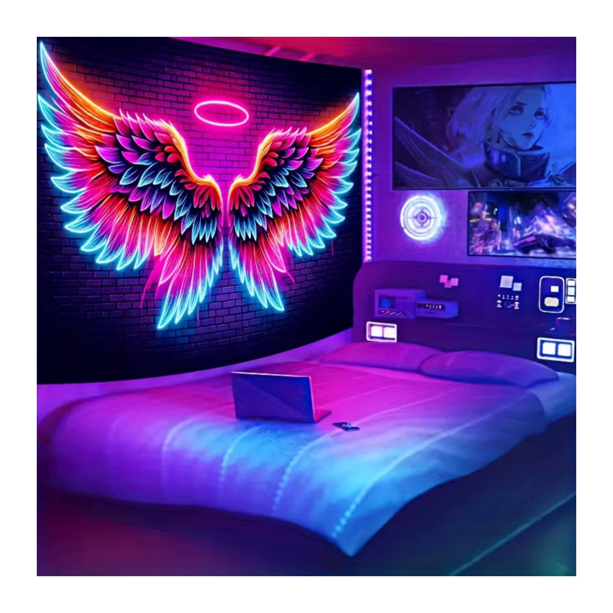 VIKAMA Wandteppich mit Engelsflügeln im Cyberpunk-Stil und Neon-Farbverlauf zur Wandmontage - Bild 2