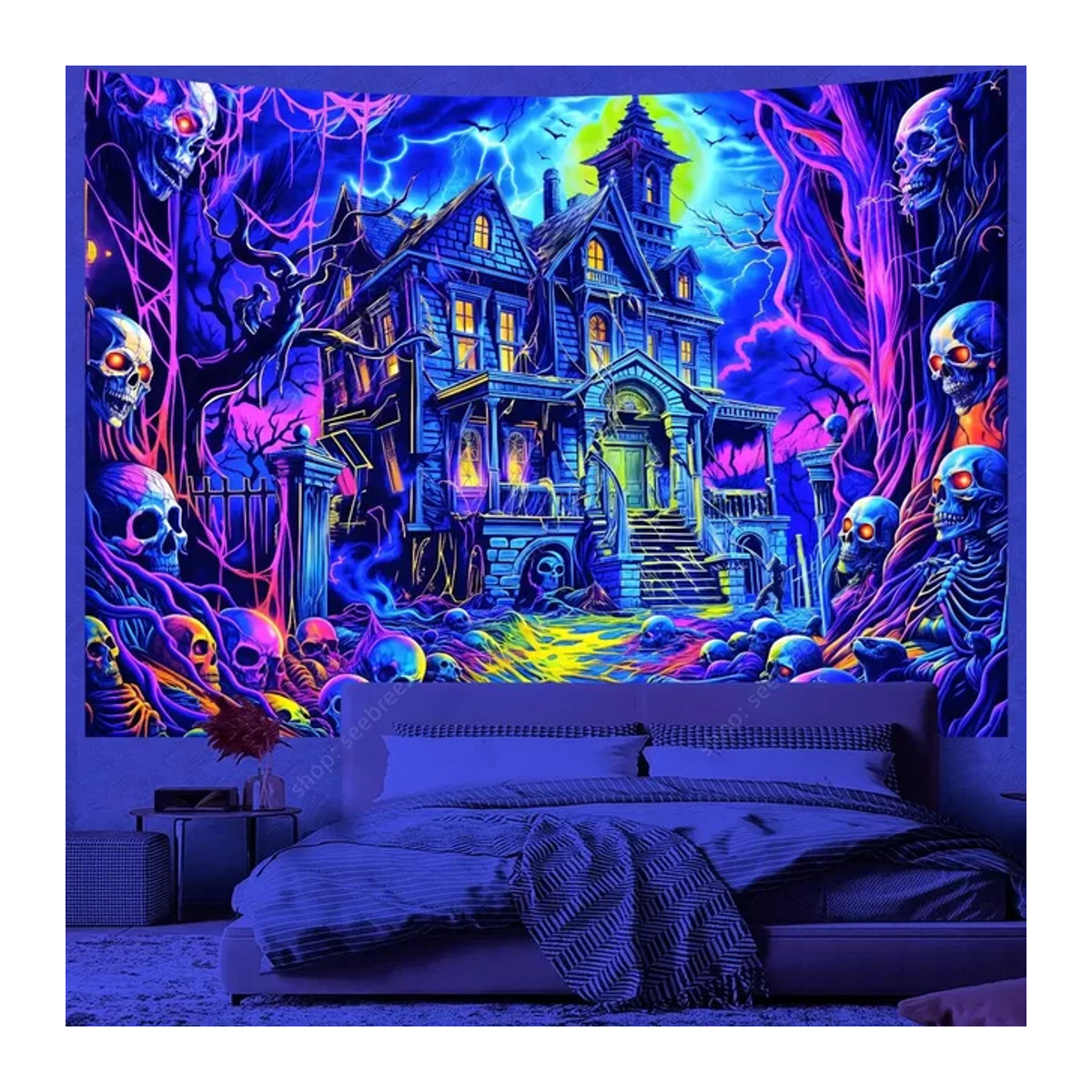 VIKAMA Wandteppich Spukhaus Neon Design mit Totenköpfen und Geistern für Halloween Dekoration, Multicolor - Bild 1