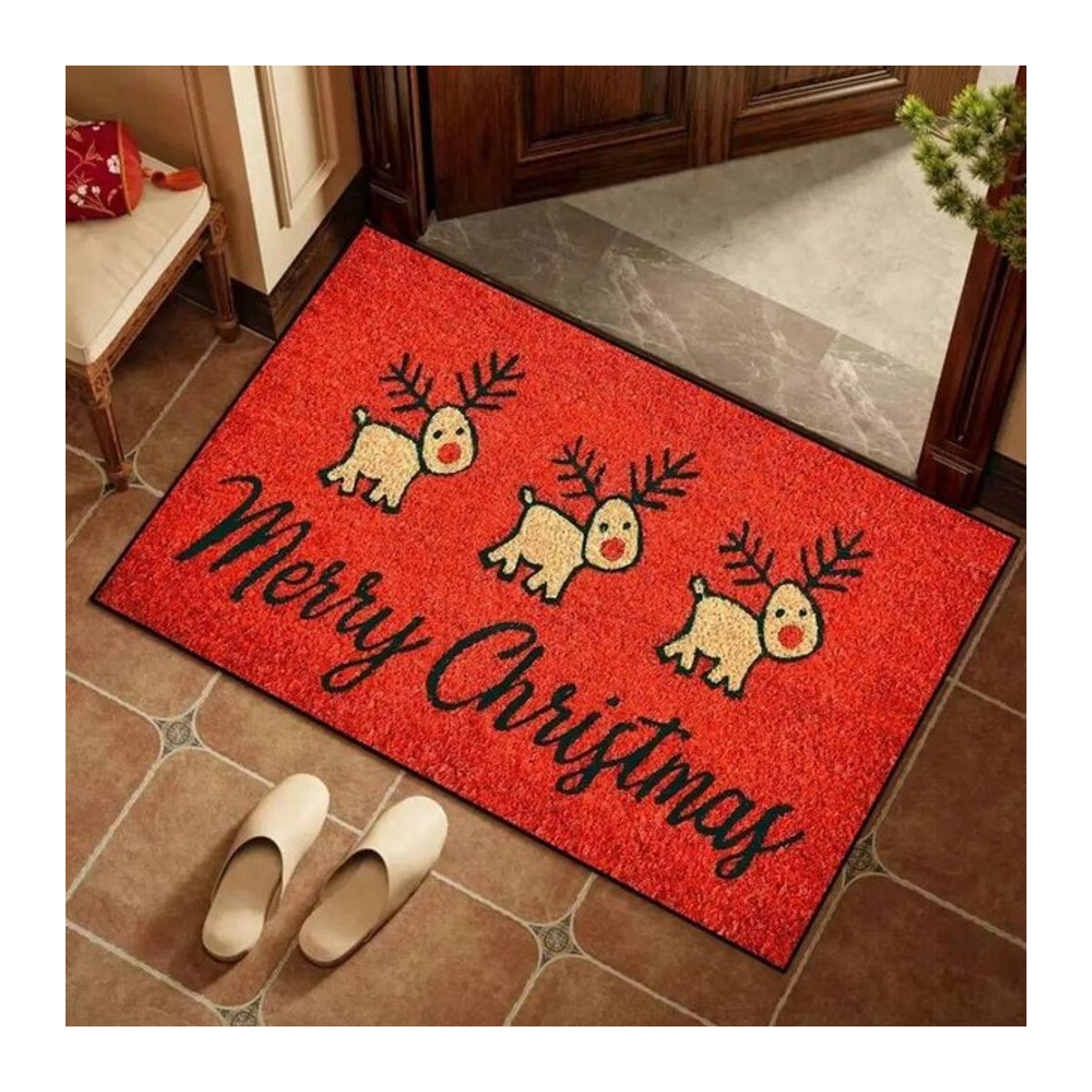 VIKAMA Weihnachts Rentier Willkommen Fußmatte rot, rutschfest für Innen- und Außenbereich, B/T: 60 x 40 cm - Bild 1