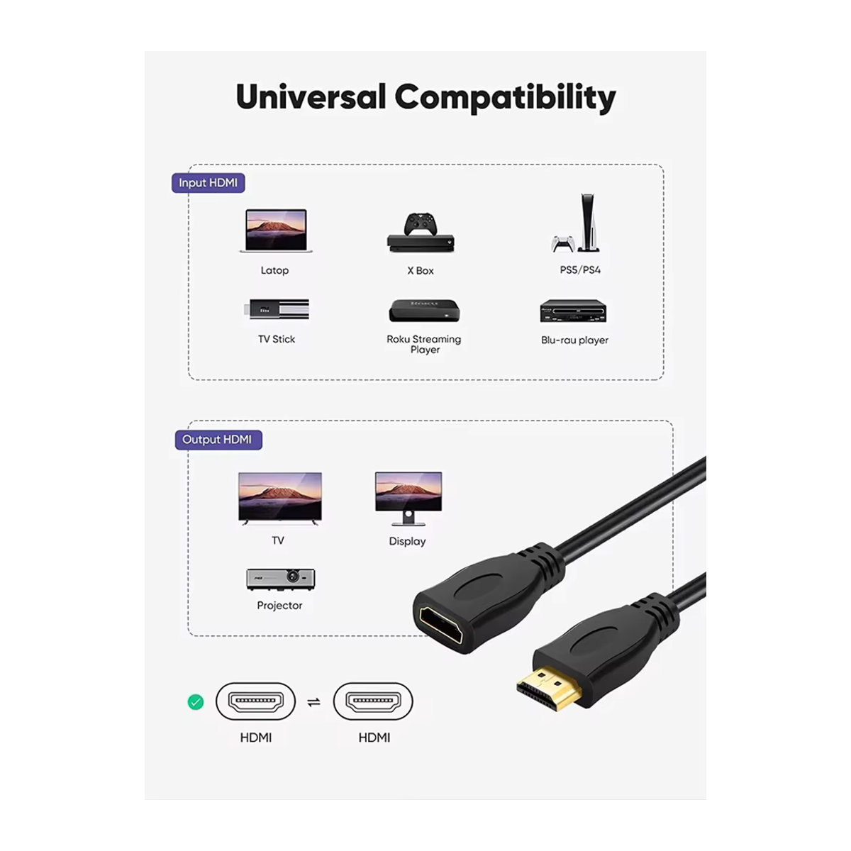 VIKEFON HDMI 2.0 Verlängerungskabel 4K 60Hz HDR Stecker auf Buchse in Schwarz - Bild 2
