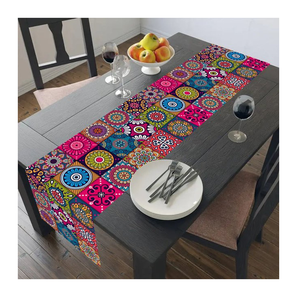 Vintage Boho Mandala Tischläufer aus Leinen in Multicolor zur Tischdekoration - Bild 1