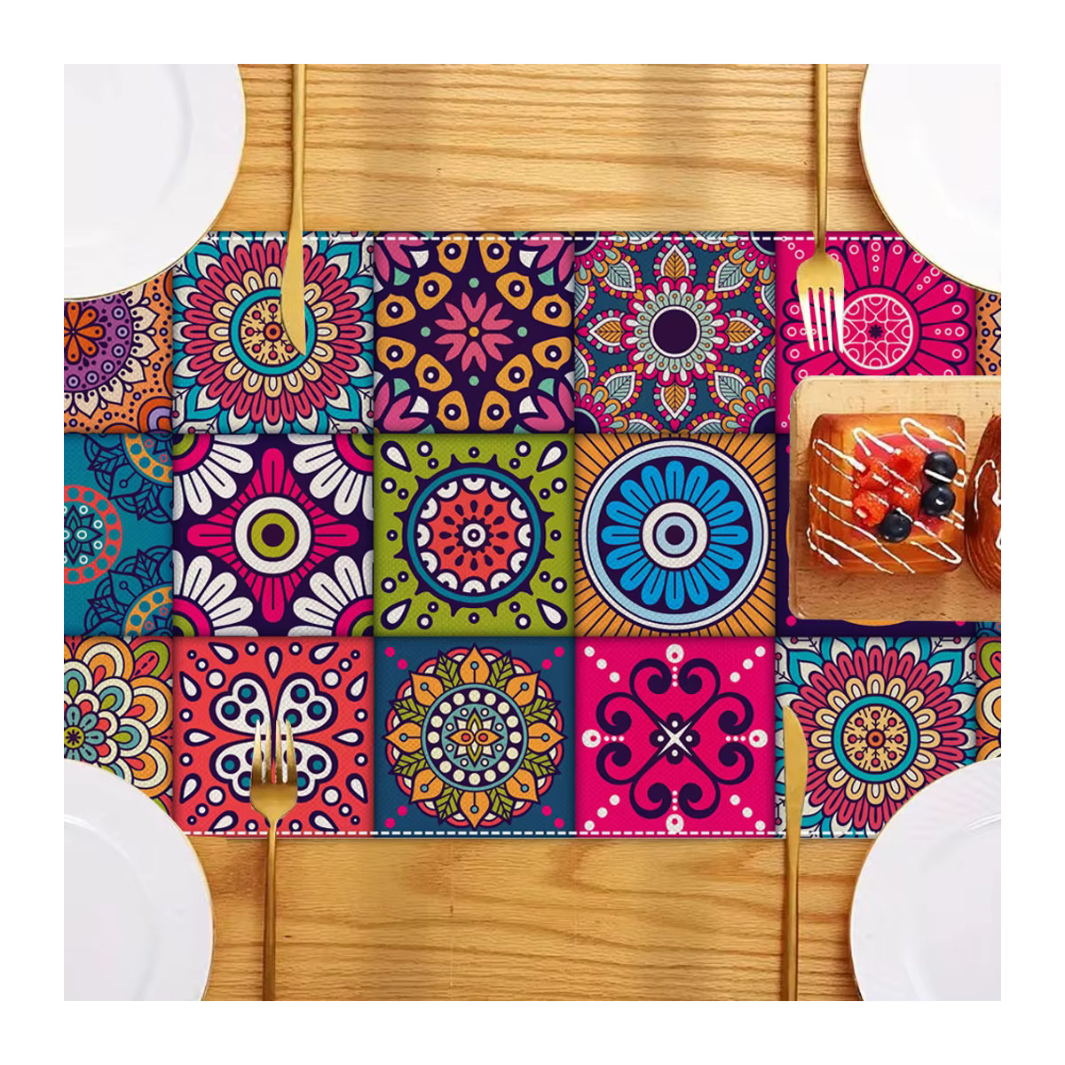 Vintage Boho Mandala Tischläufer aus Leinen in Multicolor zur Tischdekoration - Bild 2