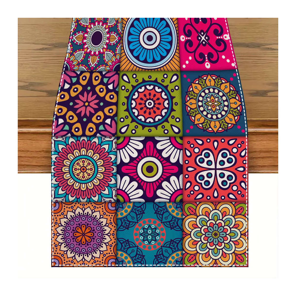 Vintage Boho Mandala Tischläufer aus Leinen in Multicolor zur Tischdekoration - Bild 3