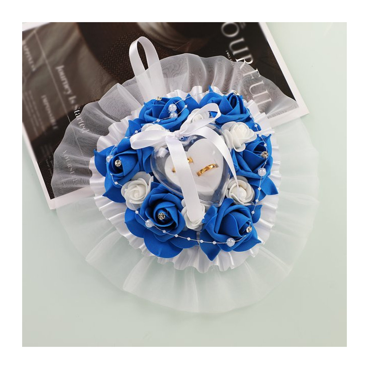 Vintage Eheringkissen TRUE LOVE GIFT mit Blumenmotiven in Blau - Bild 1