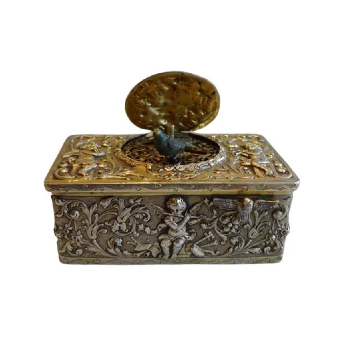 Vintage geprägte Metalldose mit Vogel-Motiv in Gold als dekoratives Sammelornament für Schreibtisch und Bücherregal - Bild 1