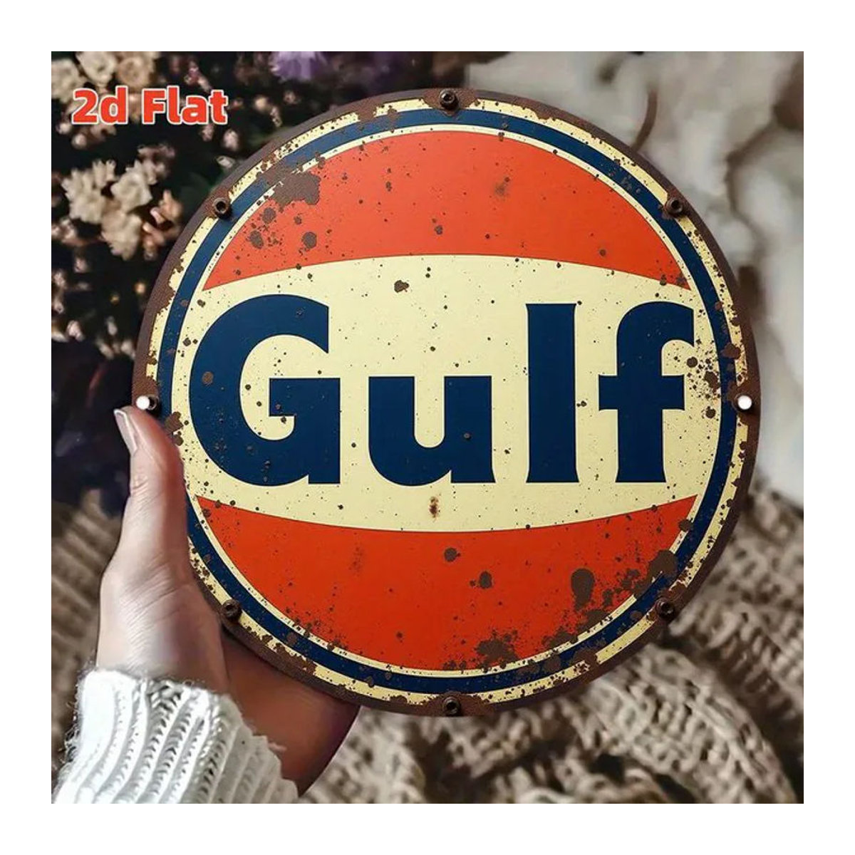 Vintage Gulf Metall-Wandschild rund, mehrfarbiges Retro-Öl-Logo als Wanddekoration für Garage und Männerhöhle - Bild 1